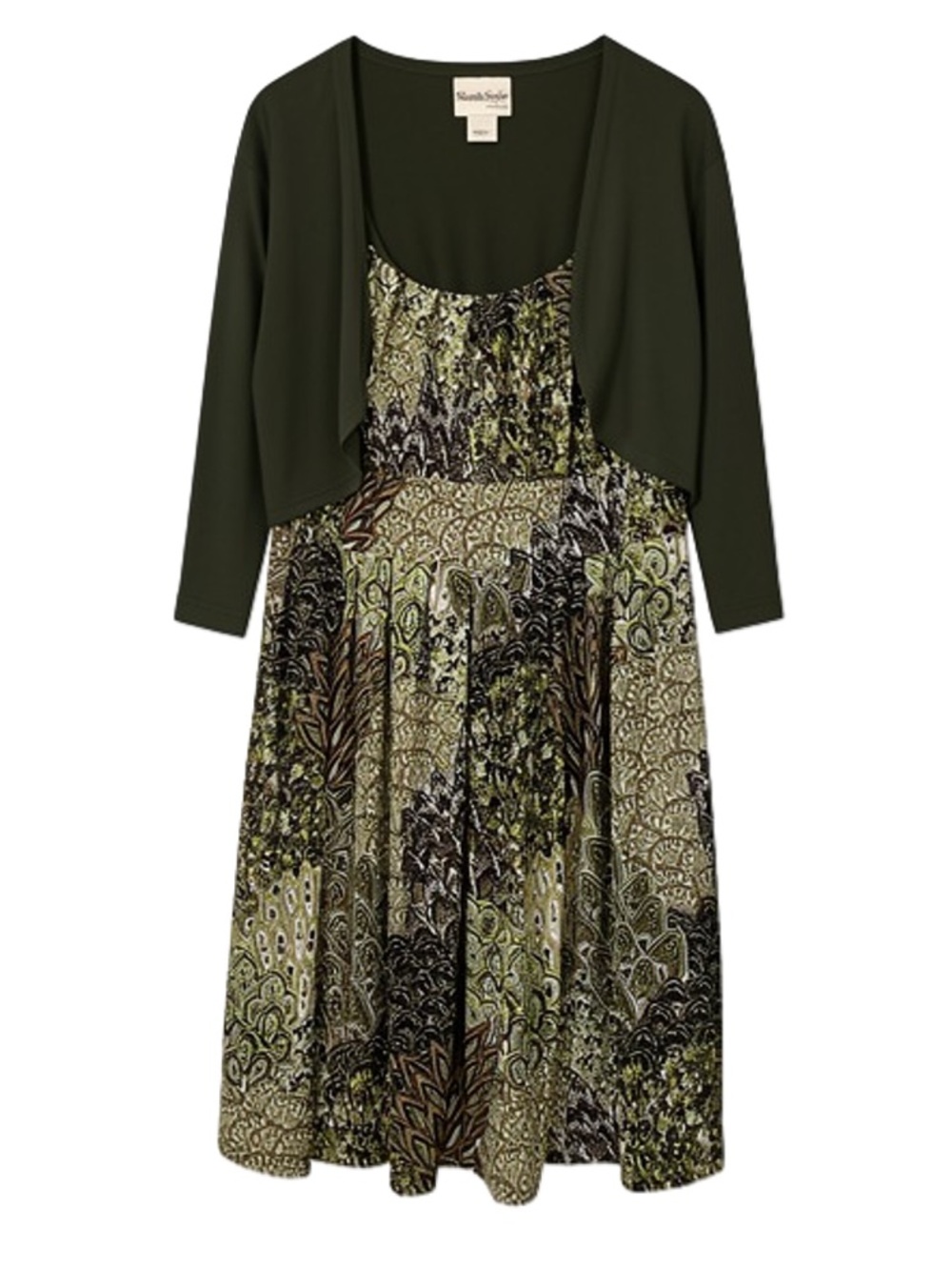 NorthStyle Print Dress with Matching Olive Bolero